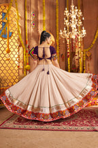 Beige Viscose Rayon Chaniya Choli For Navratri Garba Indian Festivals 9 Meter Flair - Embroidery Work, Real Mirror Work, Print Work