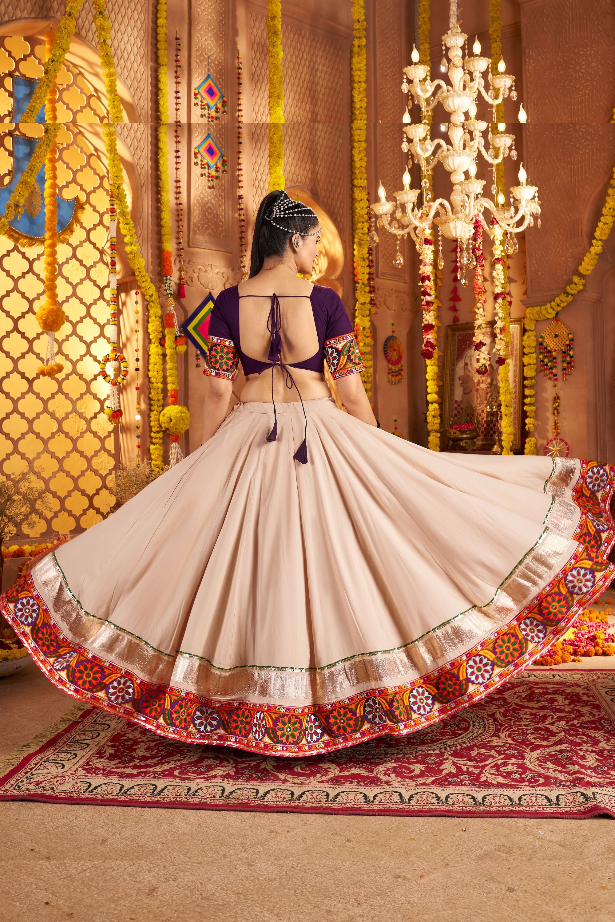 Beige Viscose Rayon Chaniya Choli For Navratri Garba Indian Festivals 9 Meter Flair - Embroidery Work, Real Mirror Work, Print Work