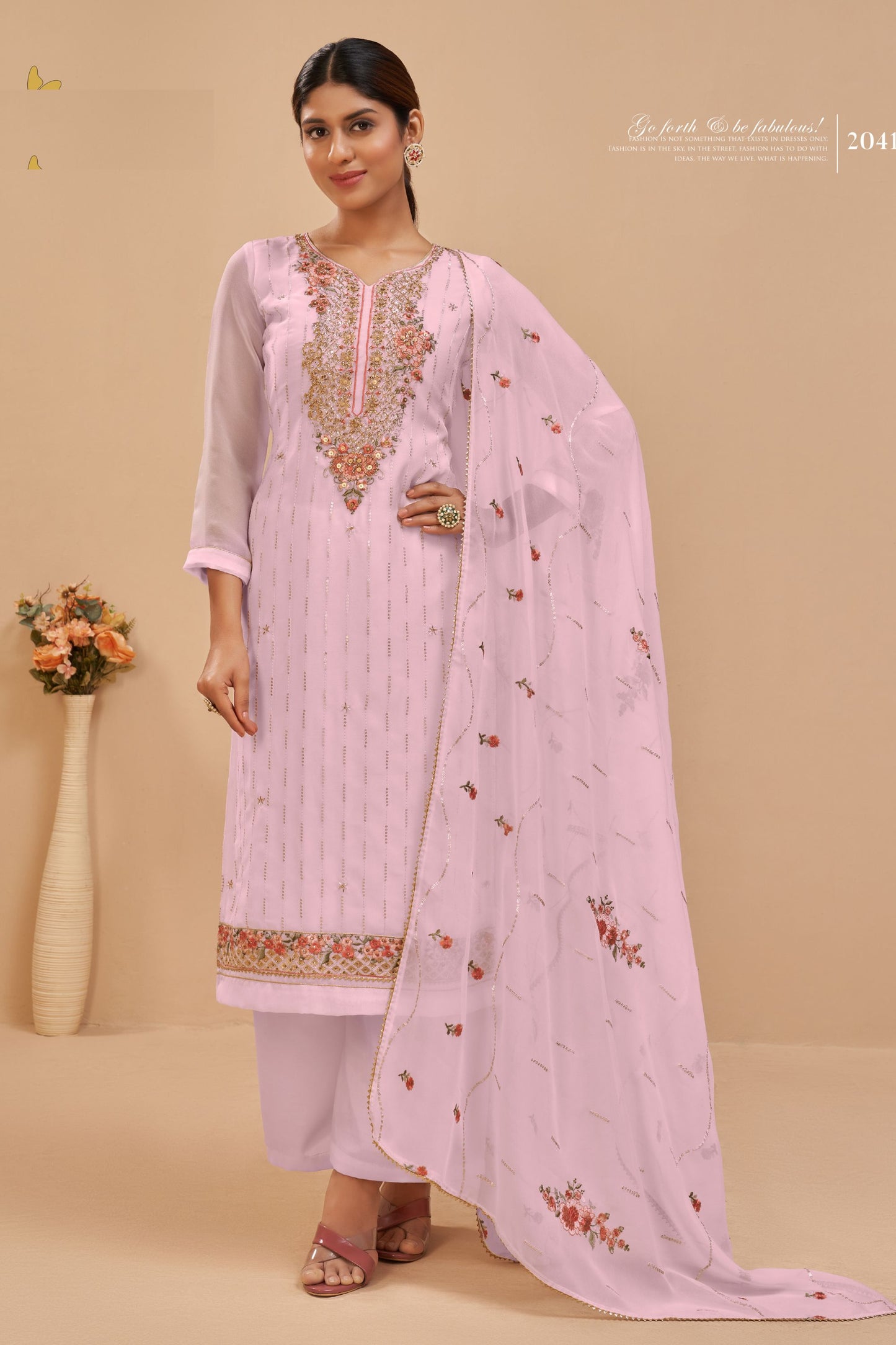 Light Pink Georgette Plus Size Salwar Kameez Upto 7XL - 54 size For Indian Festivals & Weddings - Sequence Embroidery Work, Thread Embroidery Work, Khatli Work, Zari Work