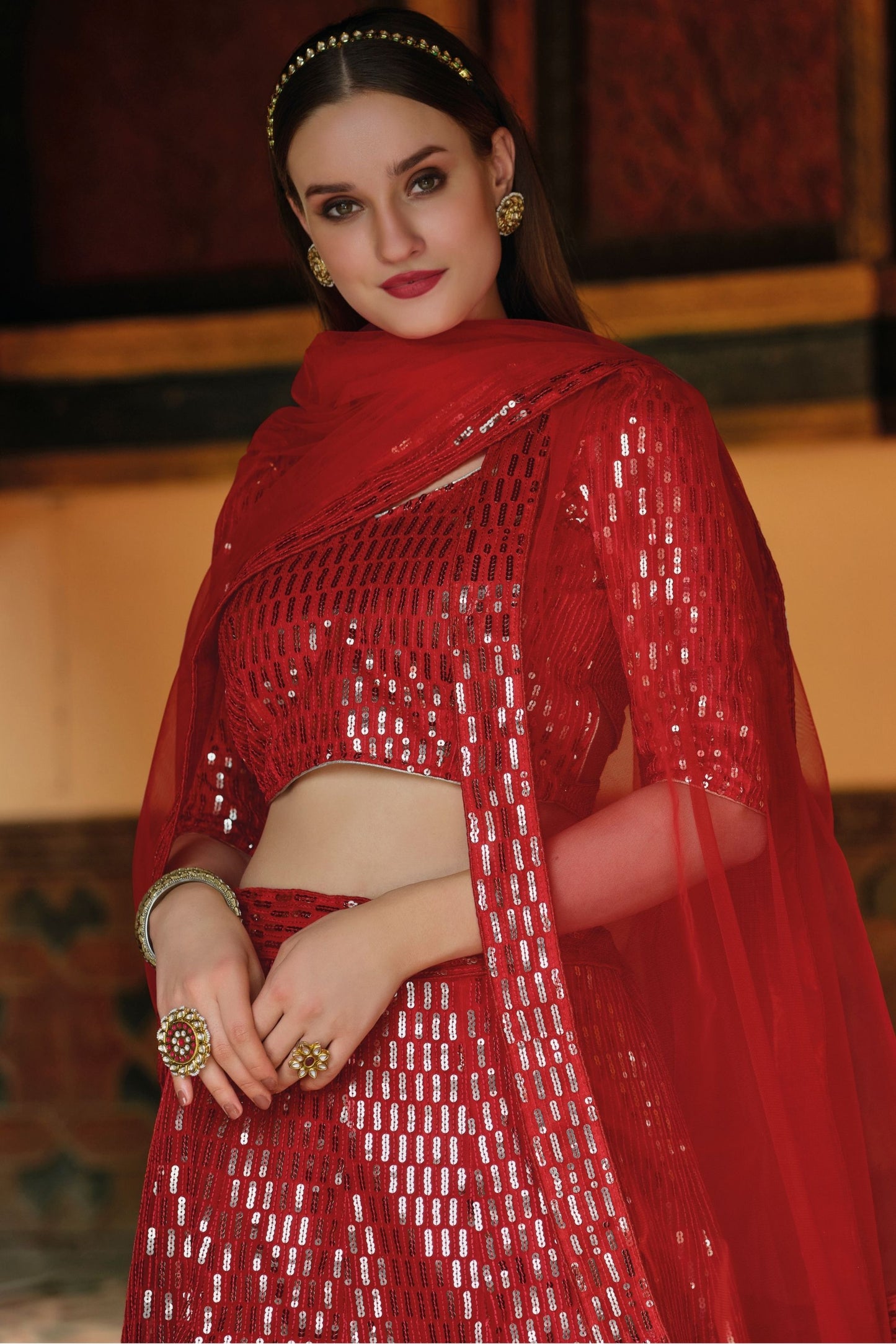Red Pakistani Net Lehenga Choli For Indian Festivals & Weddings - Sequence Embroidery Work,