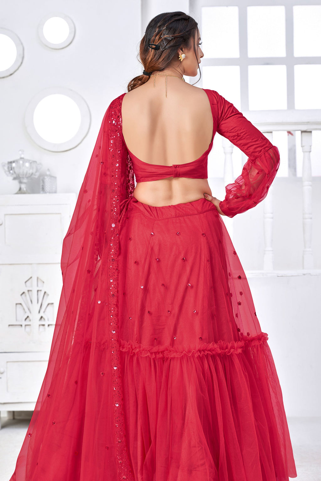 Pink Pakistani Net Lehenga Choli For Indian Festivals & Weddings - Sequence Embroidery Work, Thread Embroidery Work,