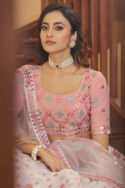 Pink Pakistani Georgette Lehenga Choli For Indian Festivals & Weddings - Sequence Embroidery Work, Thread Embroidery Work,