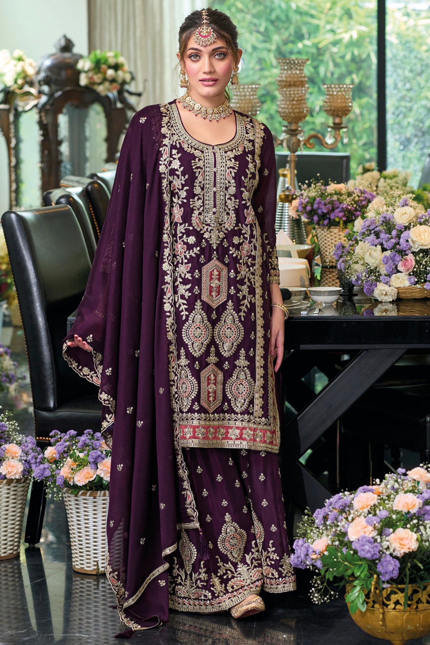 Dark Purple Chinon Silk Kameez with Plazo For Indian Festivals & Weddings - Embroidery Work