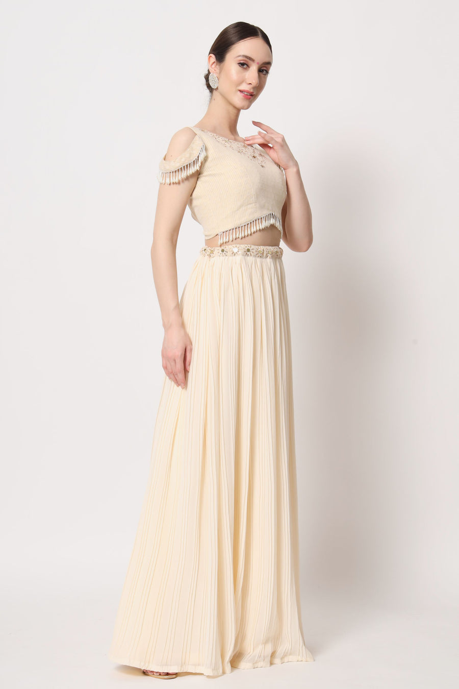 Beige Georgette Lehengas Choli For Indian Festivals & Weddings - Sequence Embroidery Work, Thread Work, Mirror Work