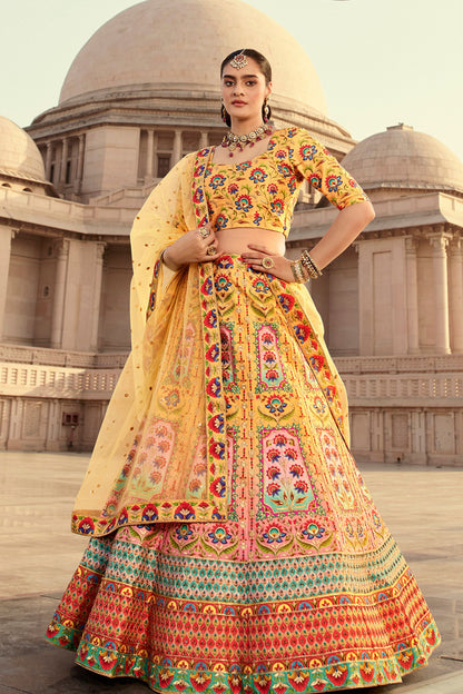 Yellow Art Silk Lehenga Choli For Indian Weddings & Festivals - Thread Work, Print Work, Diamond Work