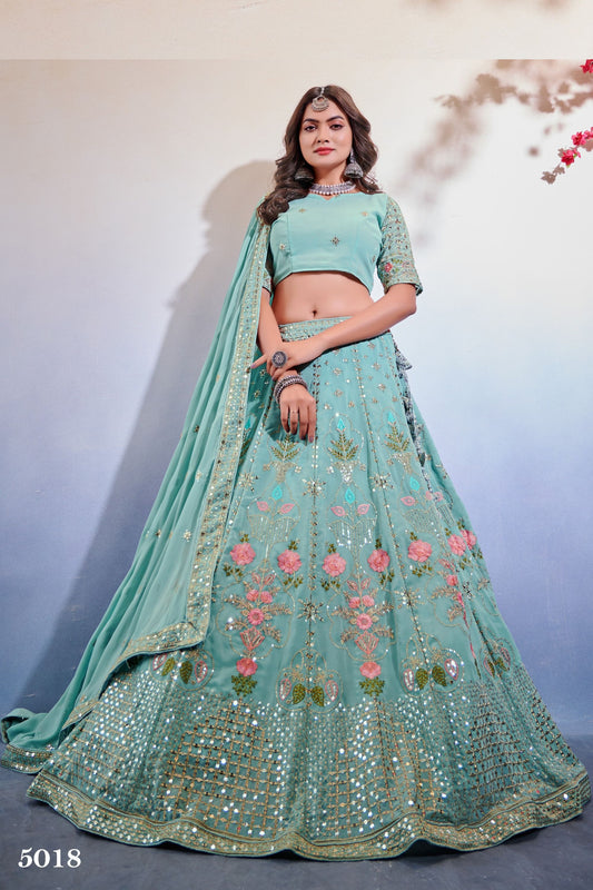 Sky Blue Georgette Flower Embroidered Lehenga Choli For Indian Festivals & Weddings - Sequence Embroidery Work