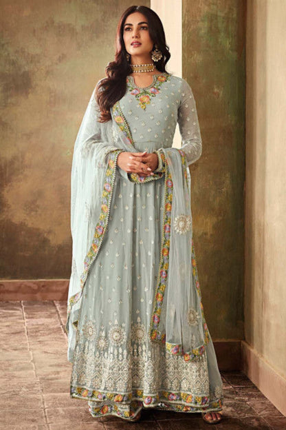 Light Grey Georgette Anarkali with Palazzo For Indian Suit Festivals & Weddings - Embroidery Work, Stone Work