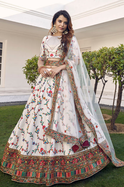 White Pakistani Silk Lehenga Choli For Indian Festivals & Weddings - Sequence Embroidery Work, Thread Embroidery Work,