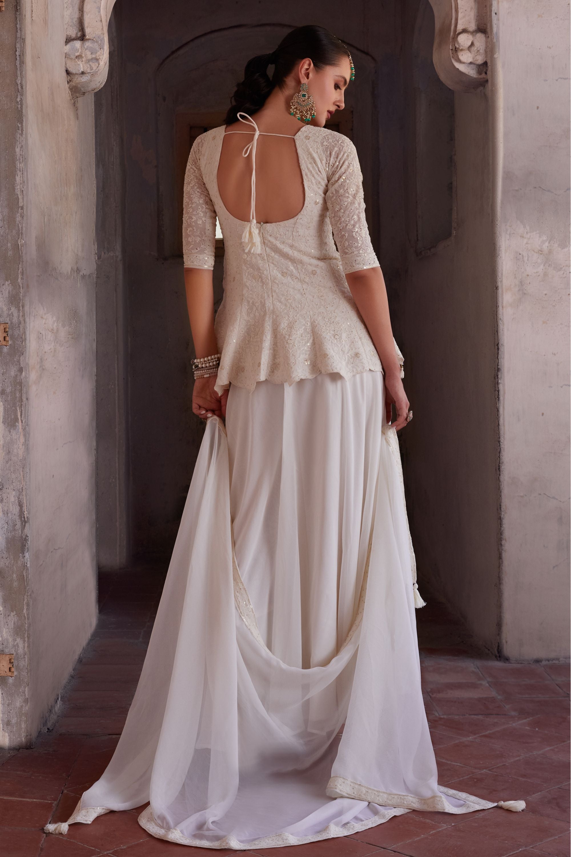 Off White Georgette Long Top Palazzo Suit For Indian Festivals & Weddings - Thread & Sequence Embroidery Work, Zari Work