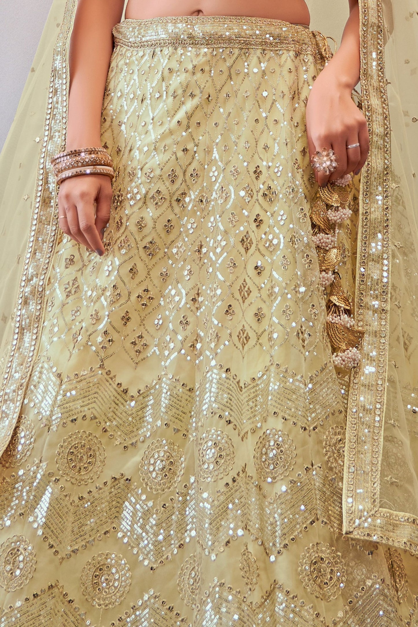 Cream Net Lehenga Choli For Indian Festivals & Wedding - Sequence Embroidery Work