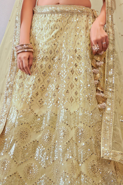 Cream Net Lehenga Choli For Indian Festivals & Wedding - Sequence Embroidery Work