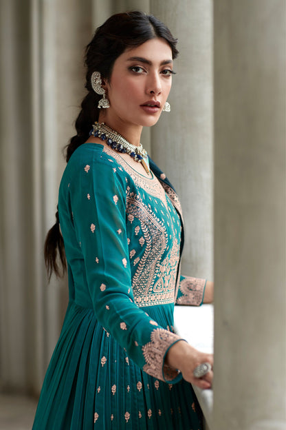 Teal Georgette Kameez with Skirt For Indian Festivals & Weddings - Thread Embroidery Work,