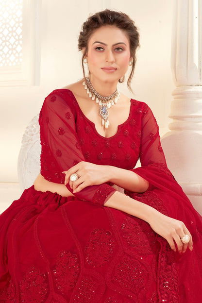 Red Pakistani Net Lehenga Choli For Indian Festivals & Weddings - Thread Embroidery Work, Zarkan Work