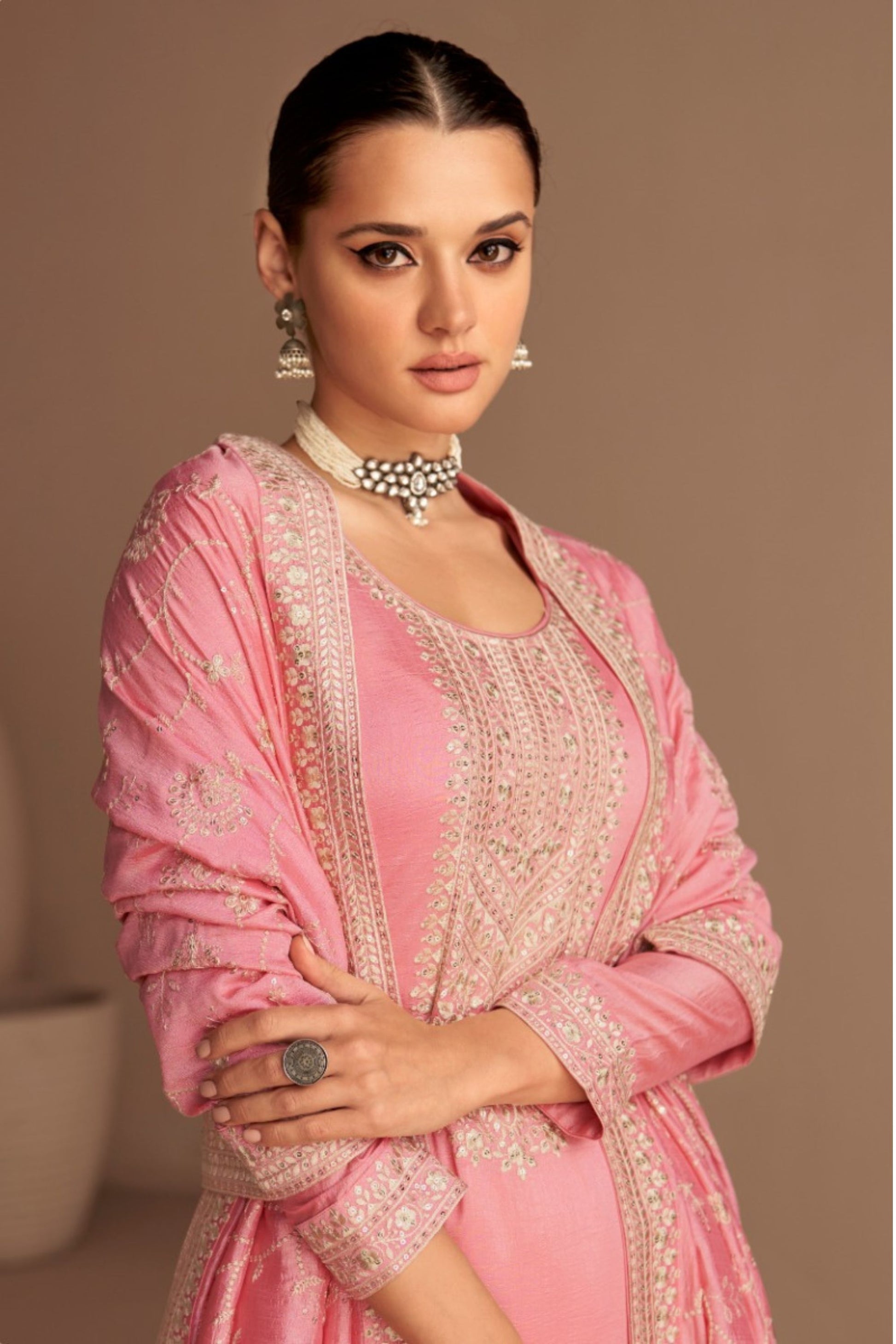 Pink Pakistani Silk Salwar Kameez For Indian Festivals & Weddings - Thread Embroidery Work,