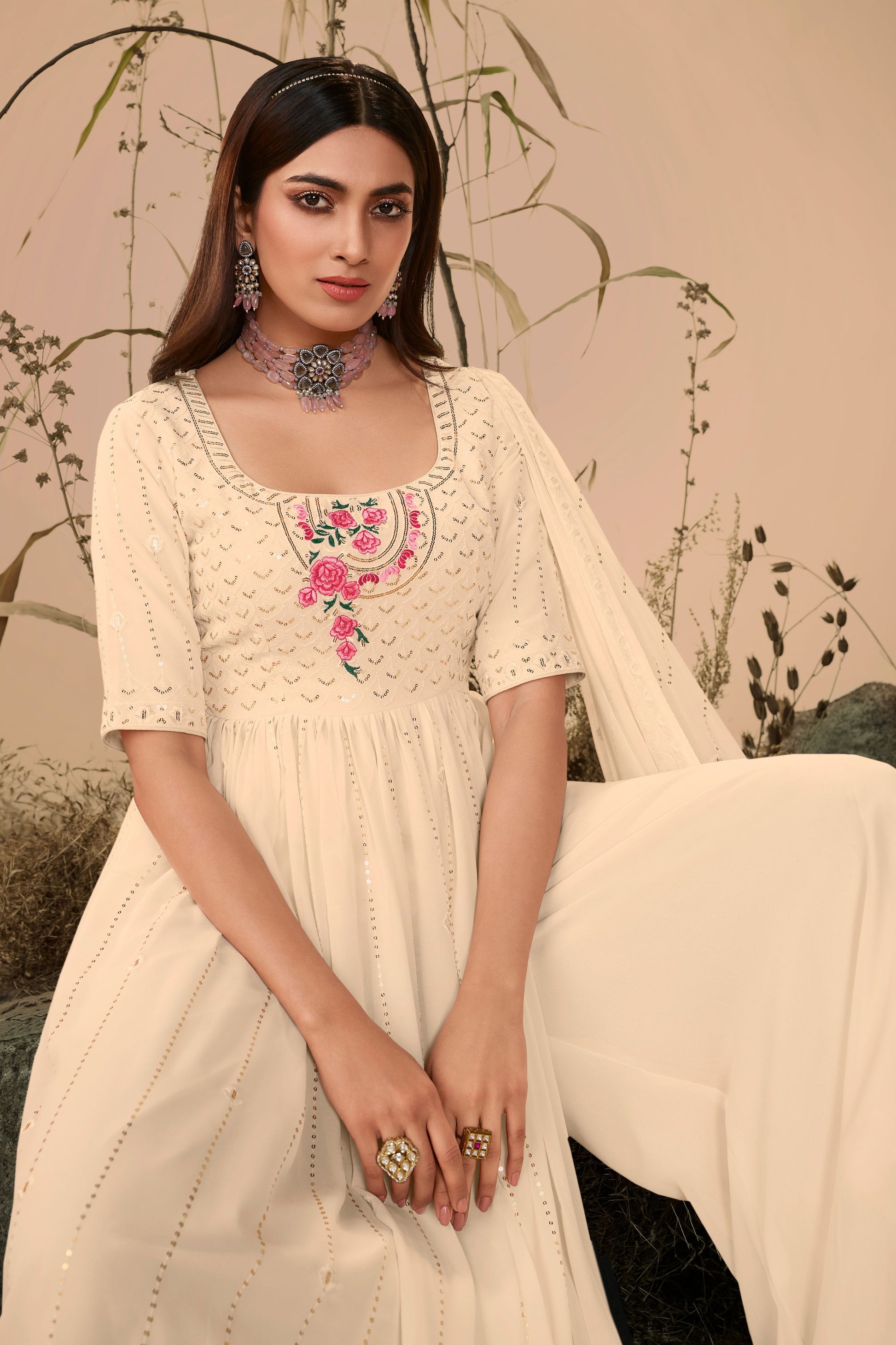 Cream Pakistani Georgette Plazo Suit For Indian Festivals & Weddings - Sequence Embroidery Work, Thread Embroidery Work,