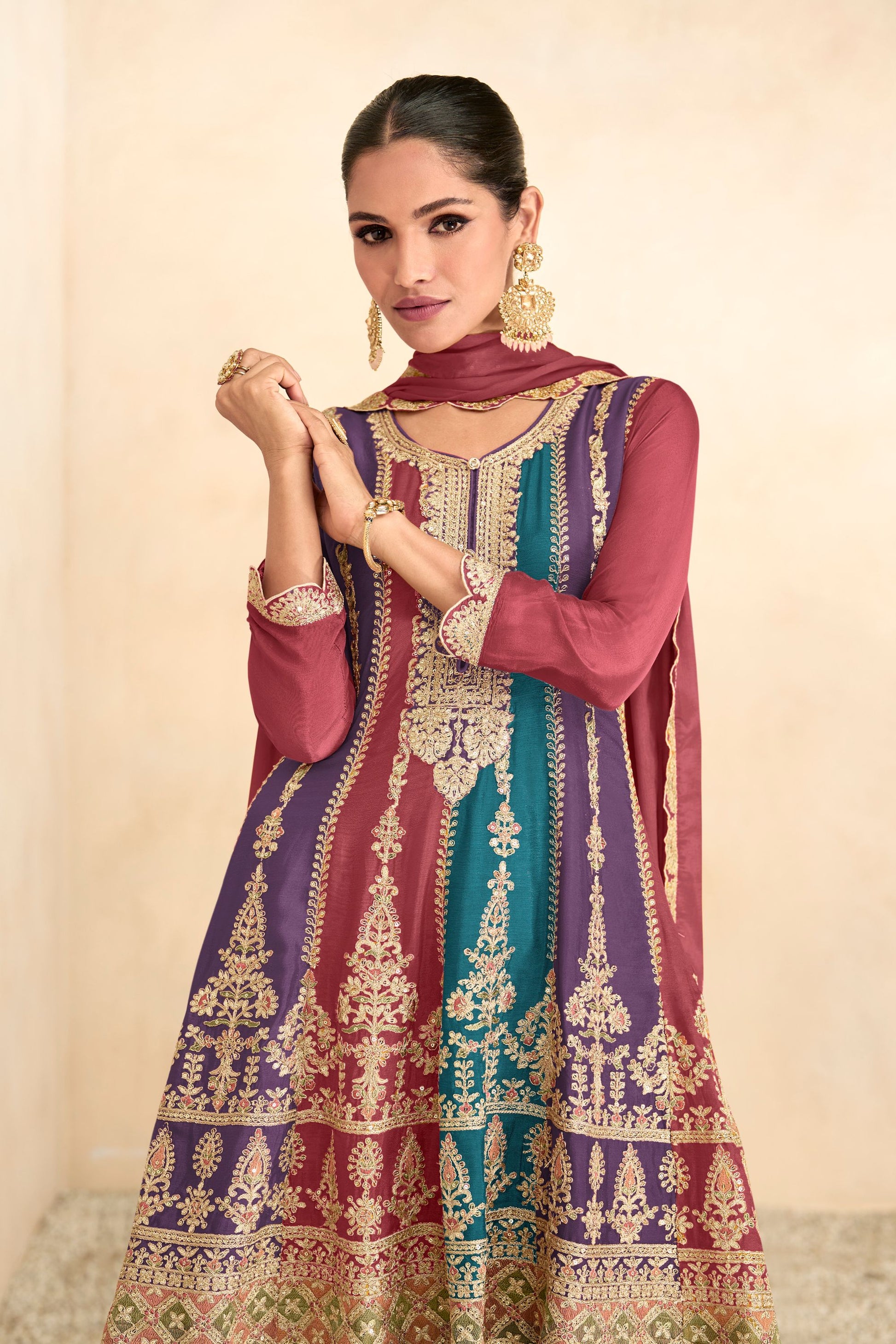 Brown Pakistani Chinon Plazo Suits For Indian Festivals & Weddings - Embroidery Work