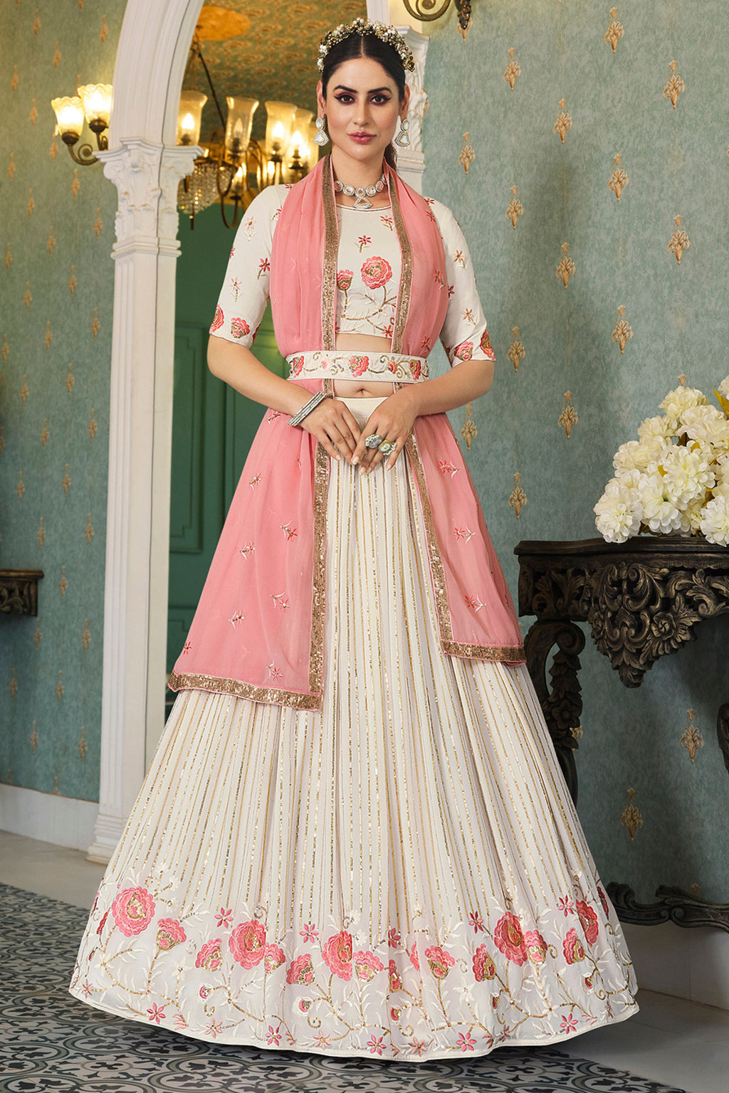 Purple Georgette Lehenga Choli Set For Indian Festivals & Weddings - Thread & Sequence Embroidery Work,