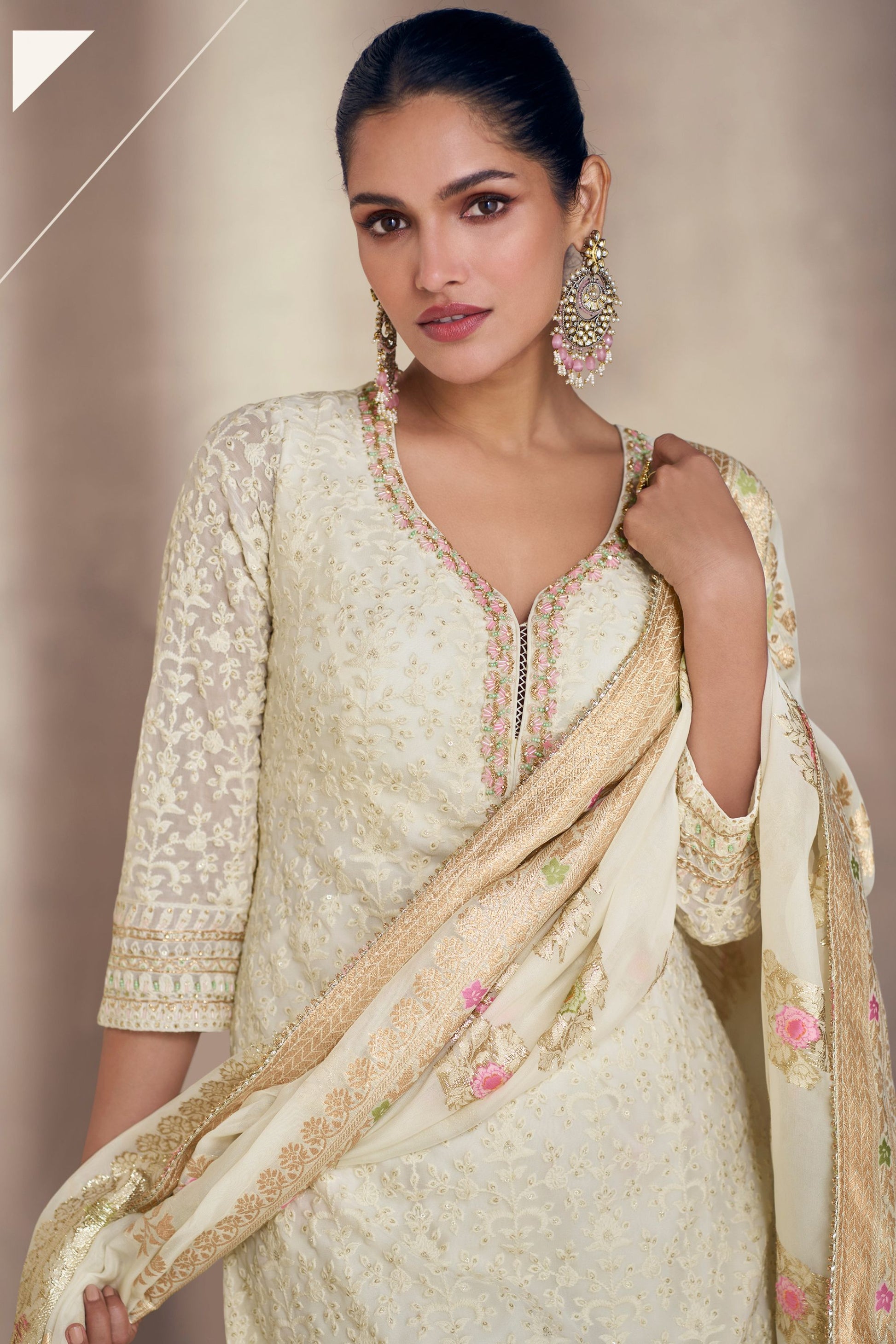 Off White Jacquard Silk Plazo Georgette Kameez For Indian Festivals & Pakistani Weddings - Embroidery Work