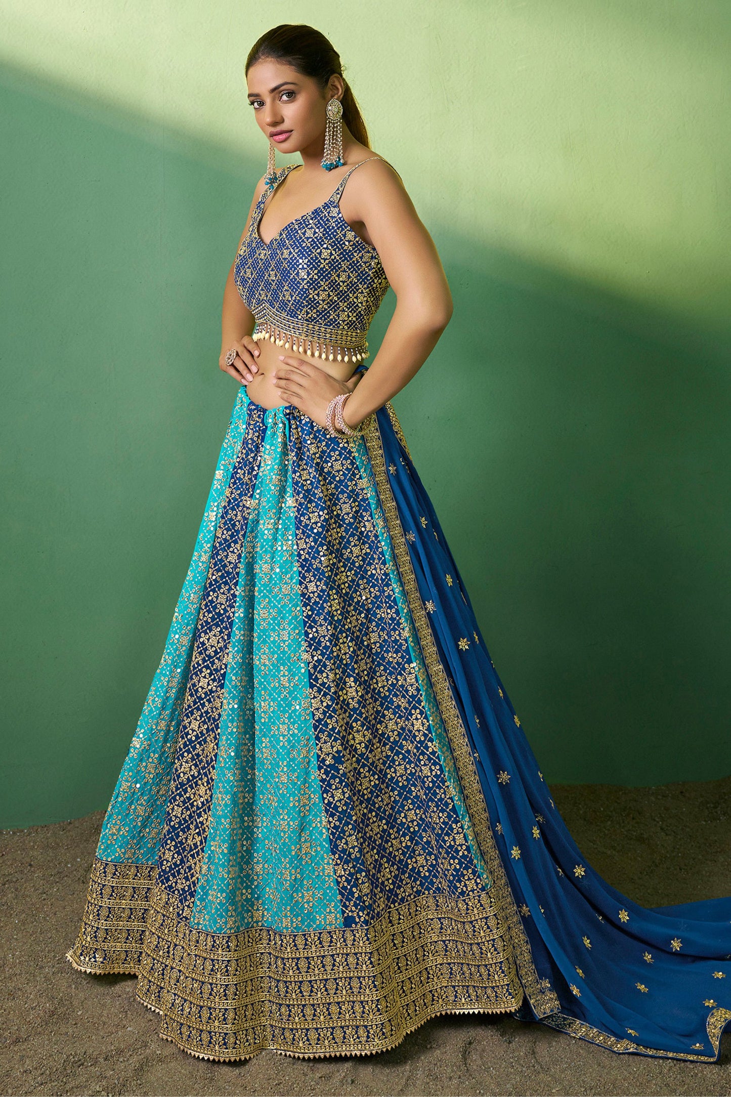 Blue Pakistani Georgette Lehenga Choli For Indian Festivals & Weddings - Sequence Embroidery Work, Thread Embroidery Work,