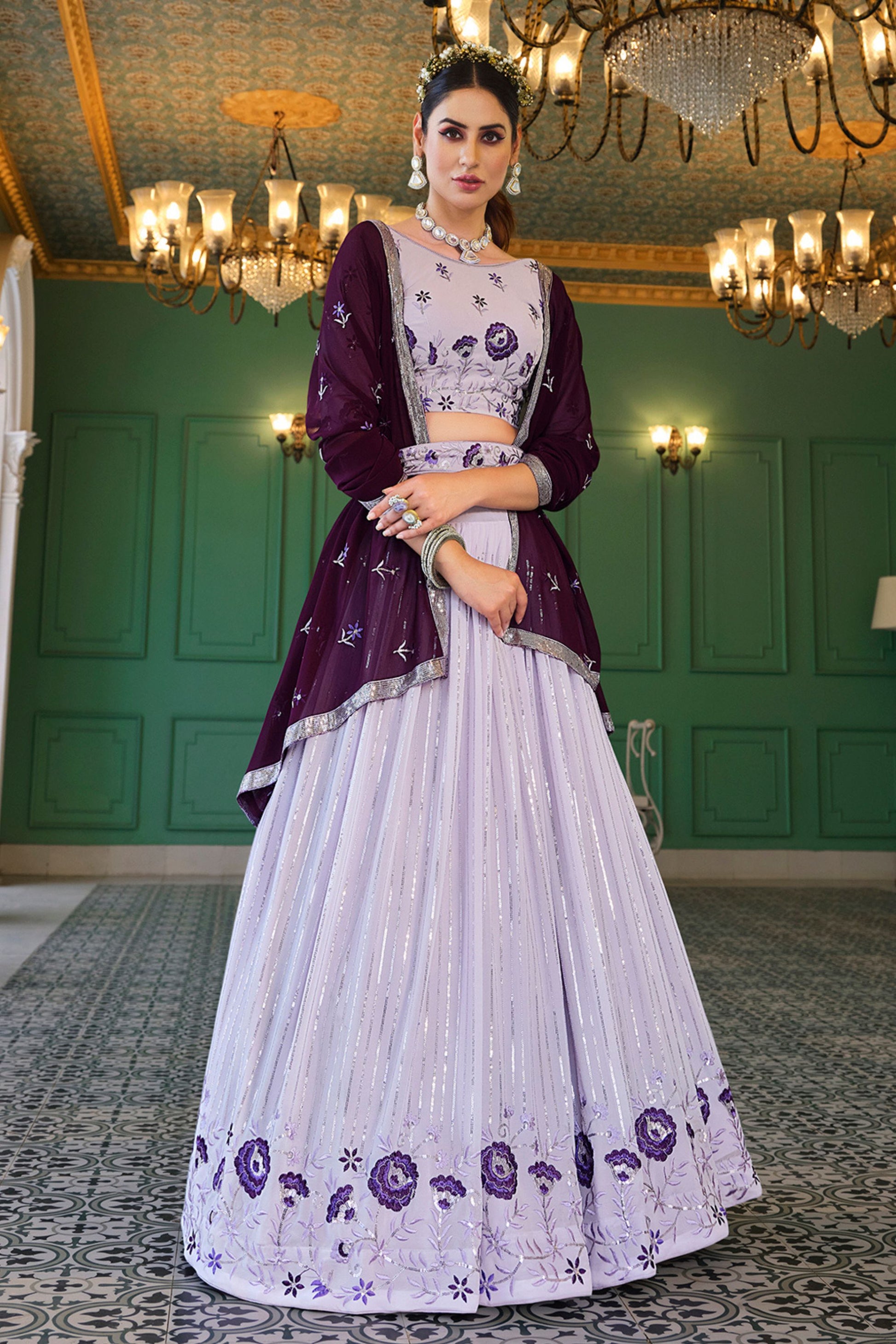 Purple Georgette Lehenga Choli Set For Indian Festivals & Weddings - Thread & Sequence Embroidery Work,