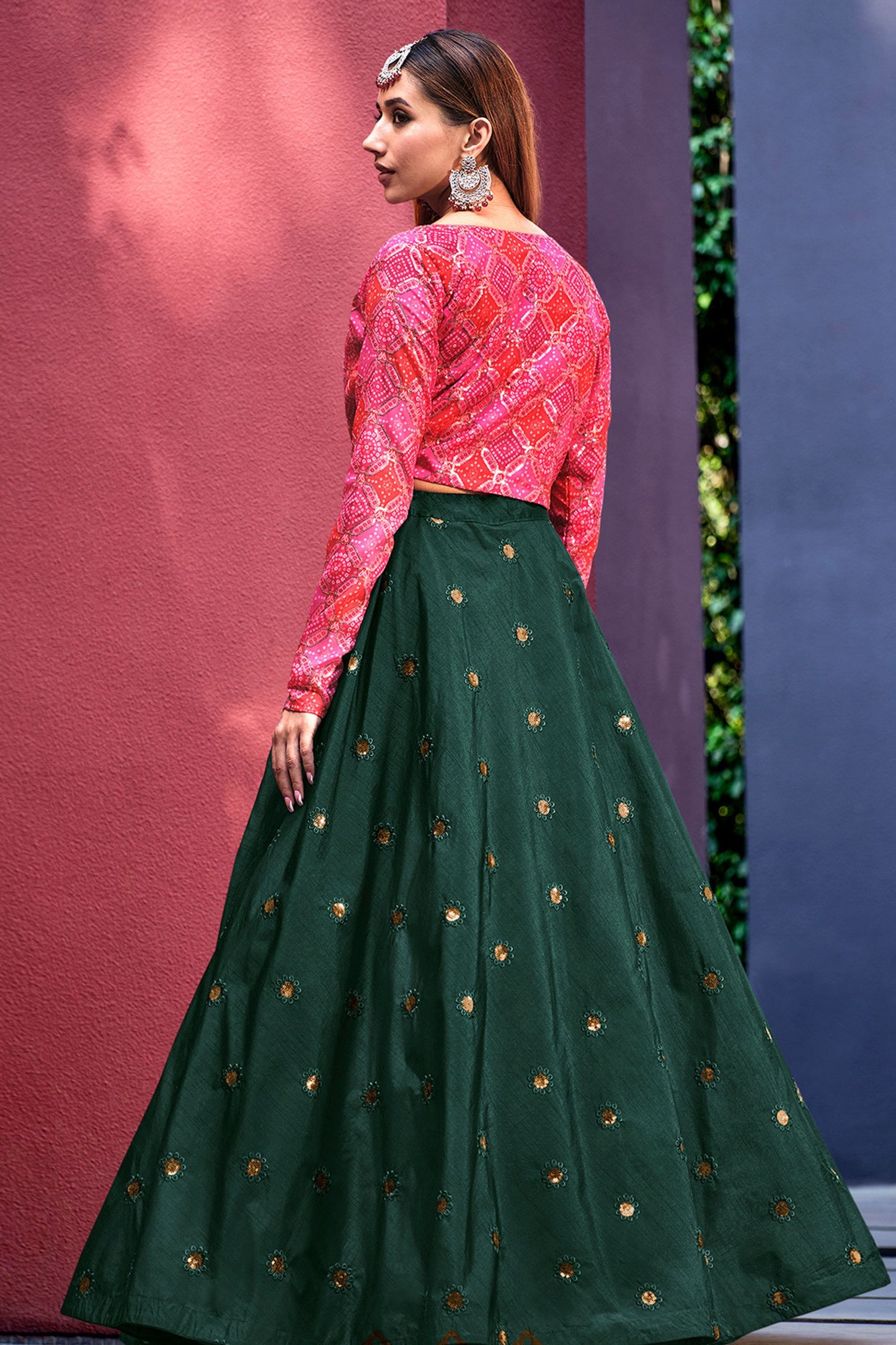Green Pakistani Art Silk Lehenga Choli For Indian Festivals & Weddings - Print Work, Sequence Embroidery Work,
