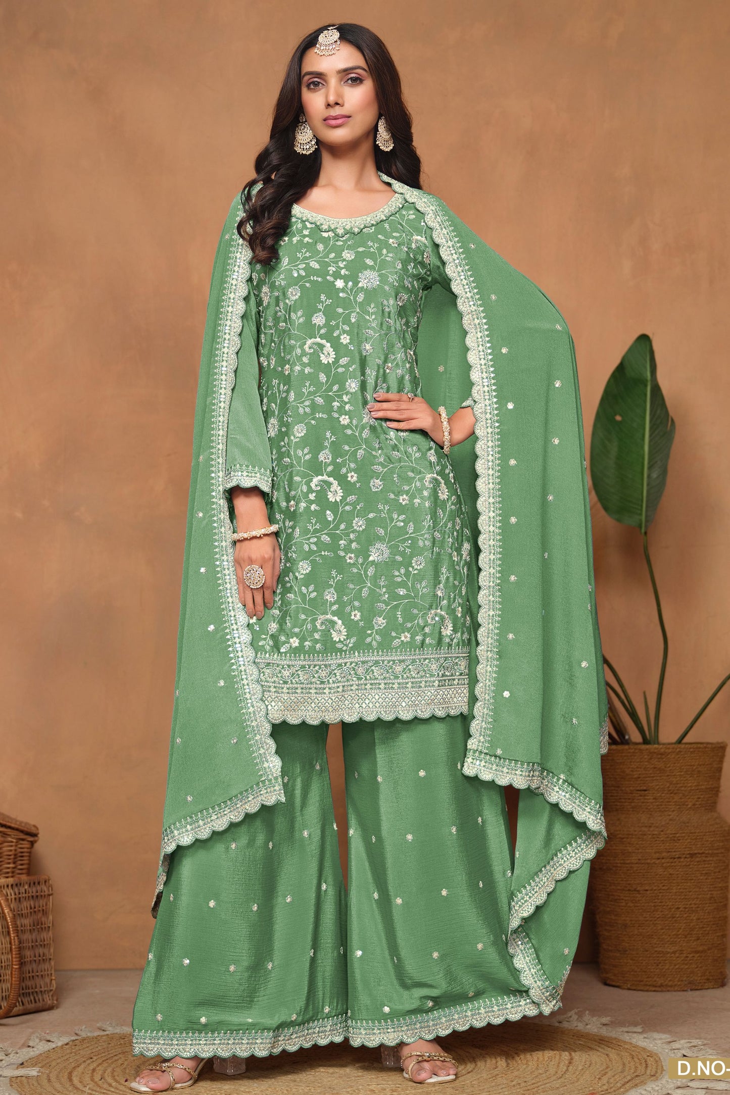 Green Chinon Silk Palazzo Suit For Indian Festivals & Weddings - Embroidery Work