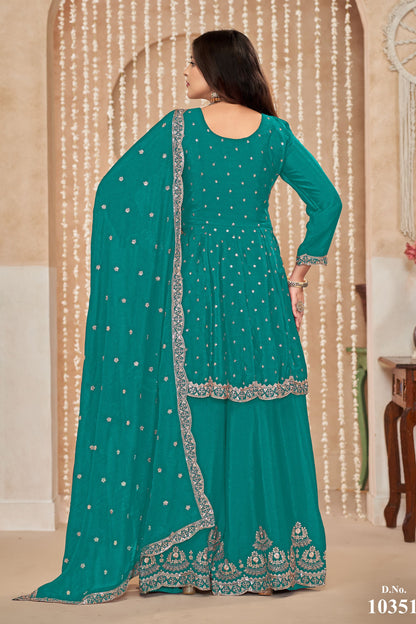 Turquoise Chinon Silk Palazzo Suit For Indian Festivals & Weddings - Embroidery Work