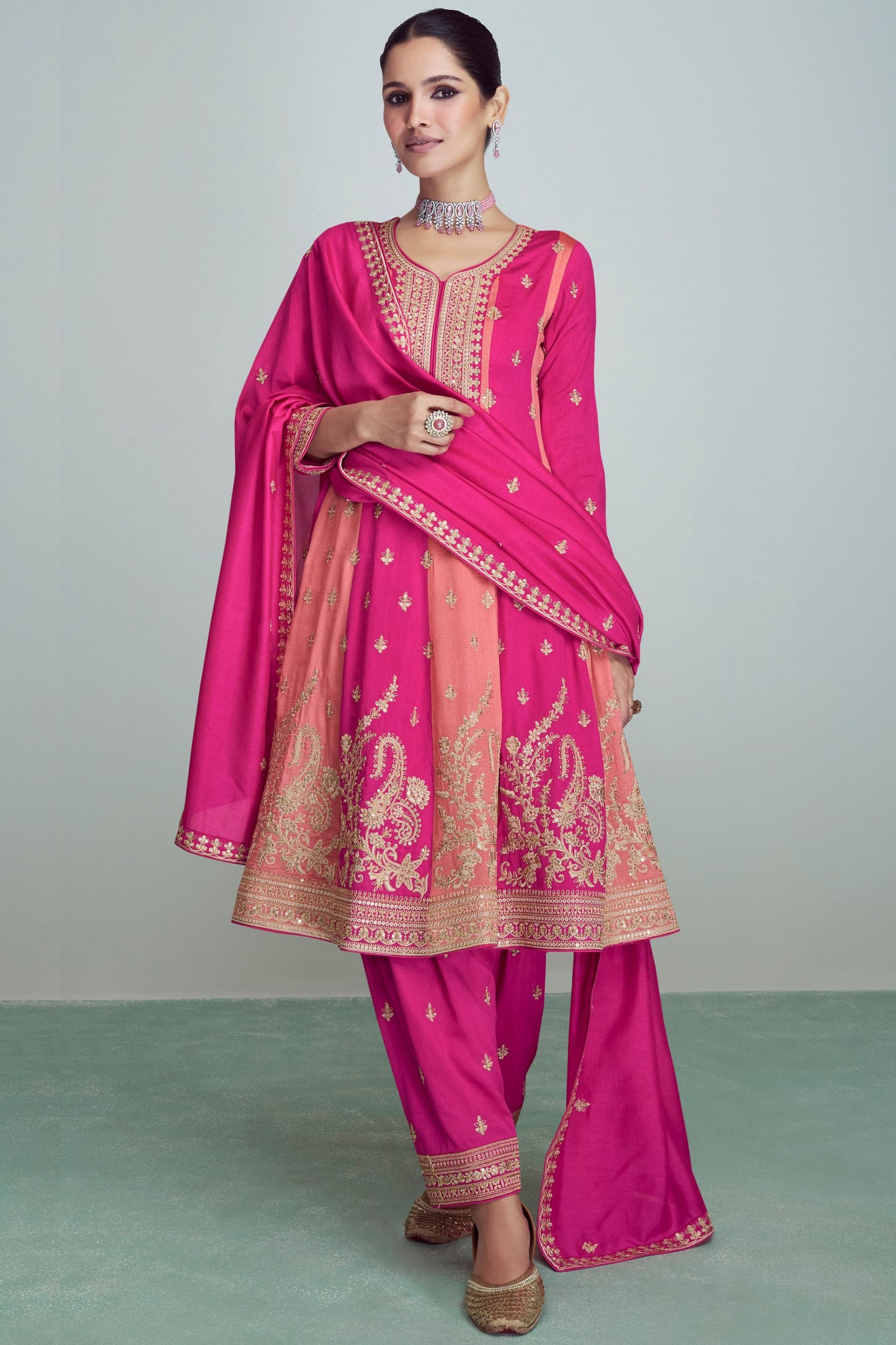 Pink Chinon Silk Kameez with Pant For Indian Festivals & Weddings - Thread Embroidery Work