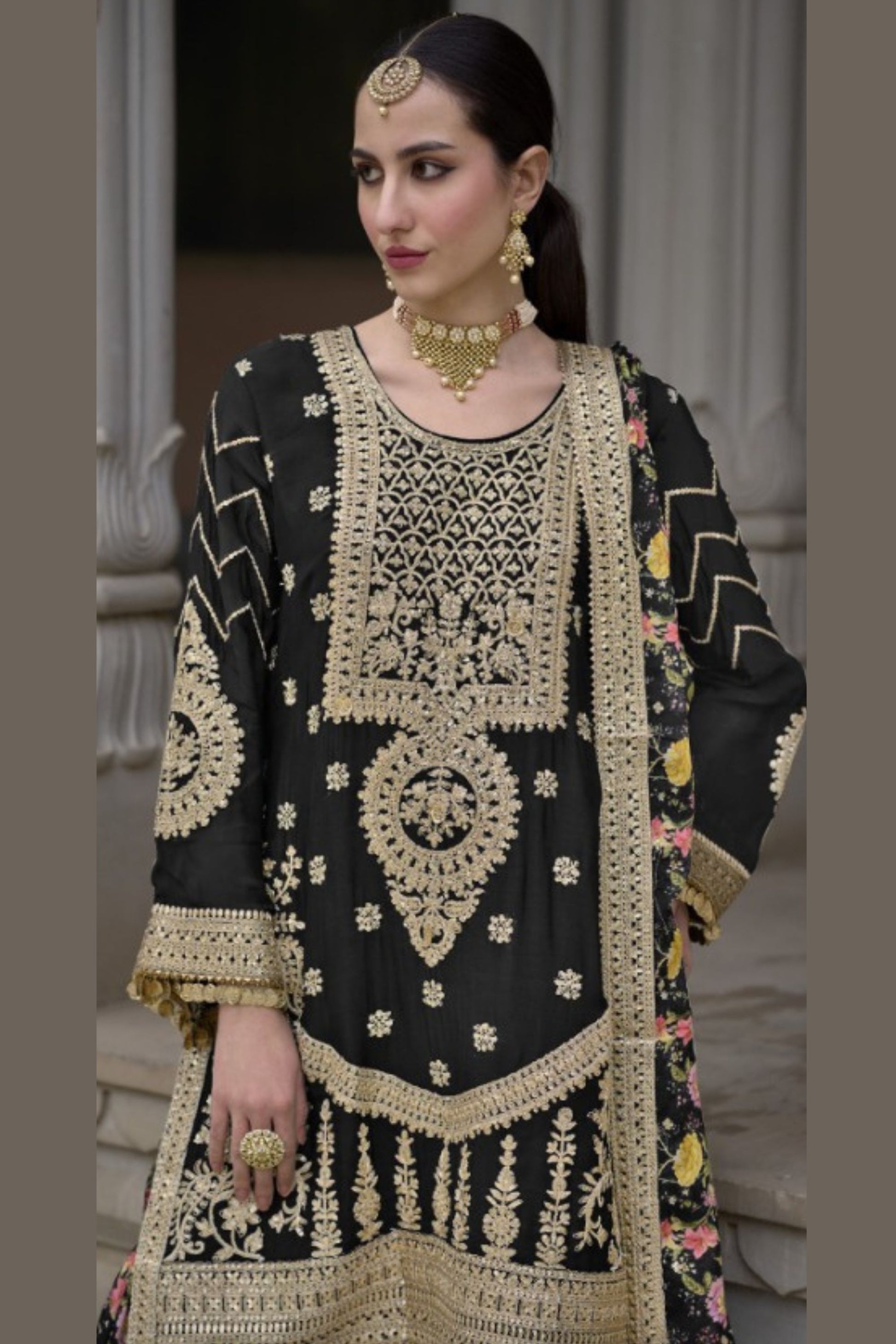 Black Chinon Silk Kameez with Plazzo And Dupatta For Indian Suit Festivals & Pakistani Weddings - Embroidery Work