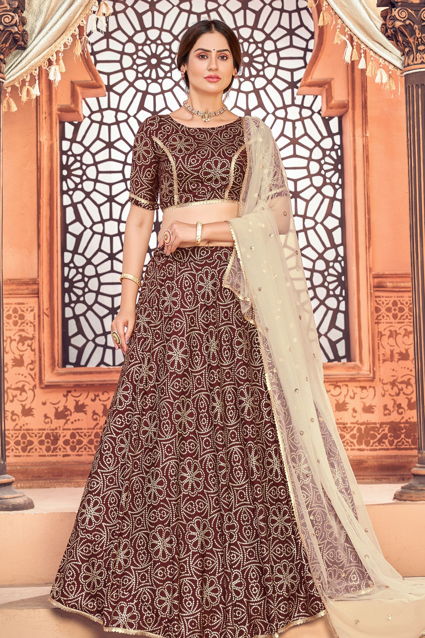 Brown Pakistani Tafetta Lehenga Choli For Indian Festivals & Weddings - Print Work, Sequence Embroidery Work, Foil Mirror Work,