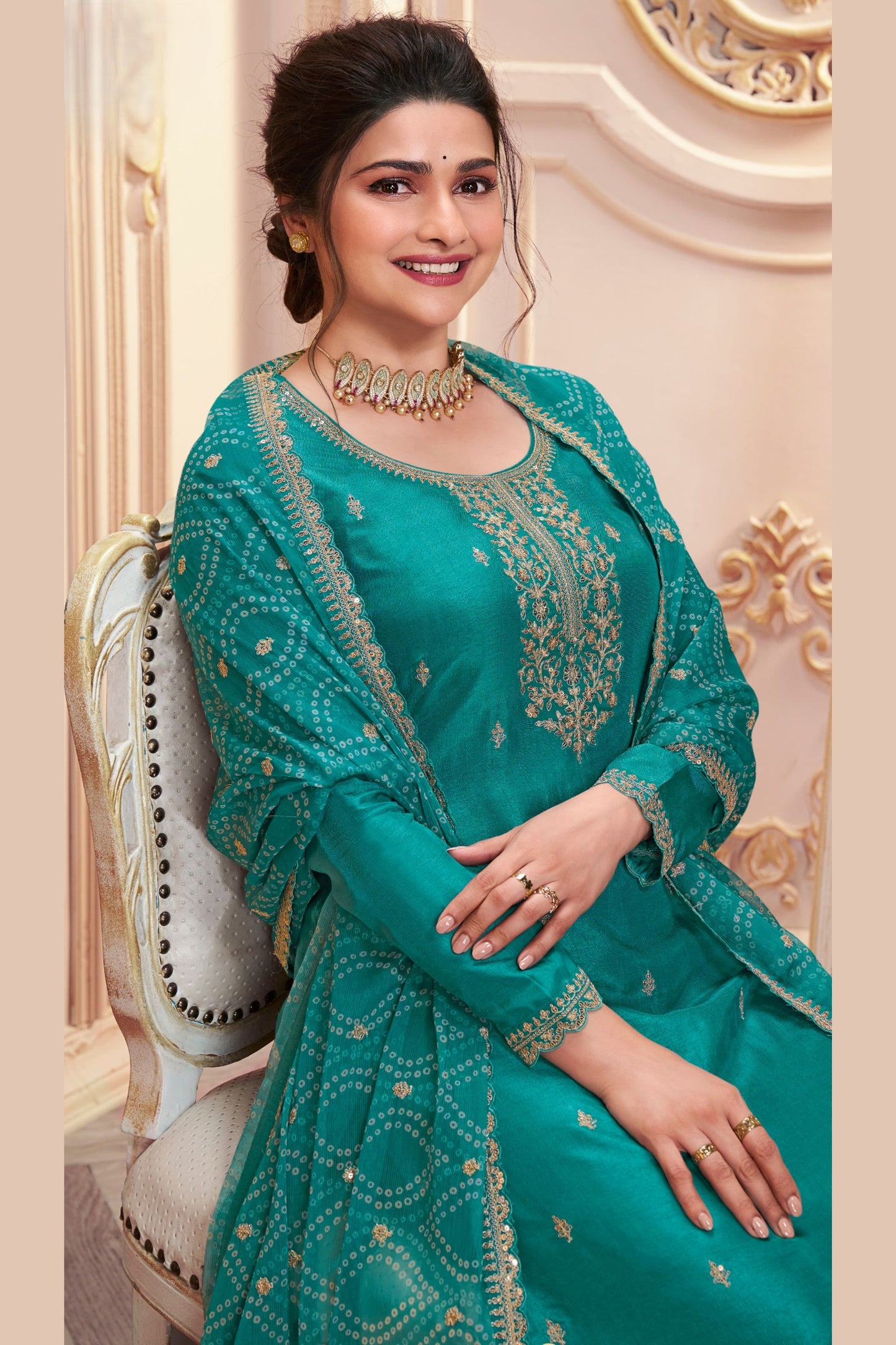 Teal Georgette Silk Kameez with Pant For Indian Suit Festivals & Pakistani Weddings - Embroidery Work