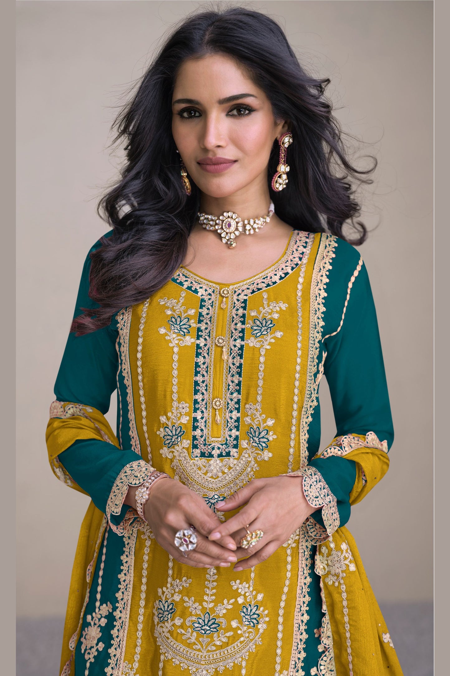 Yellow Chinon Plazo Suits For Indian Festivals & Pakistani Weddings - Embroidery Work