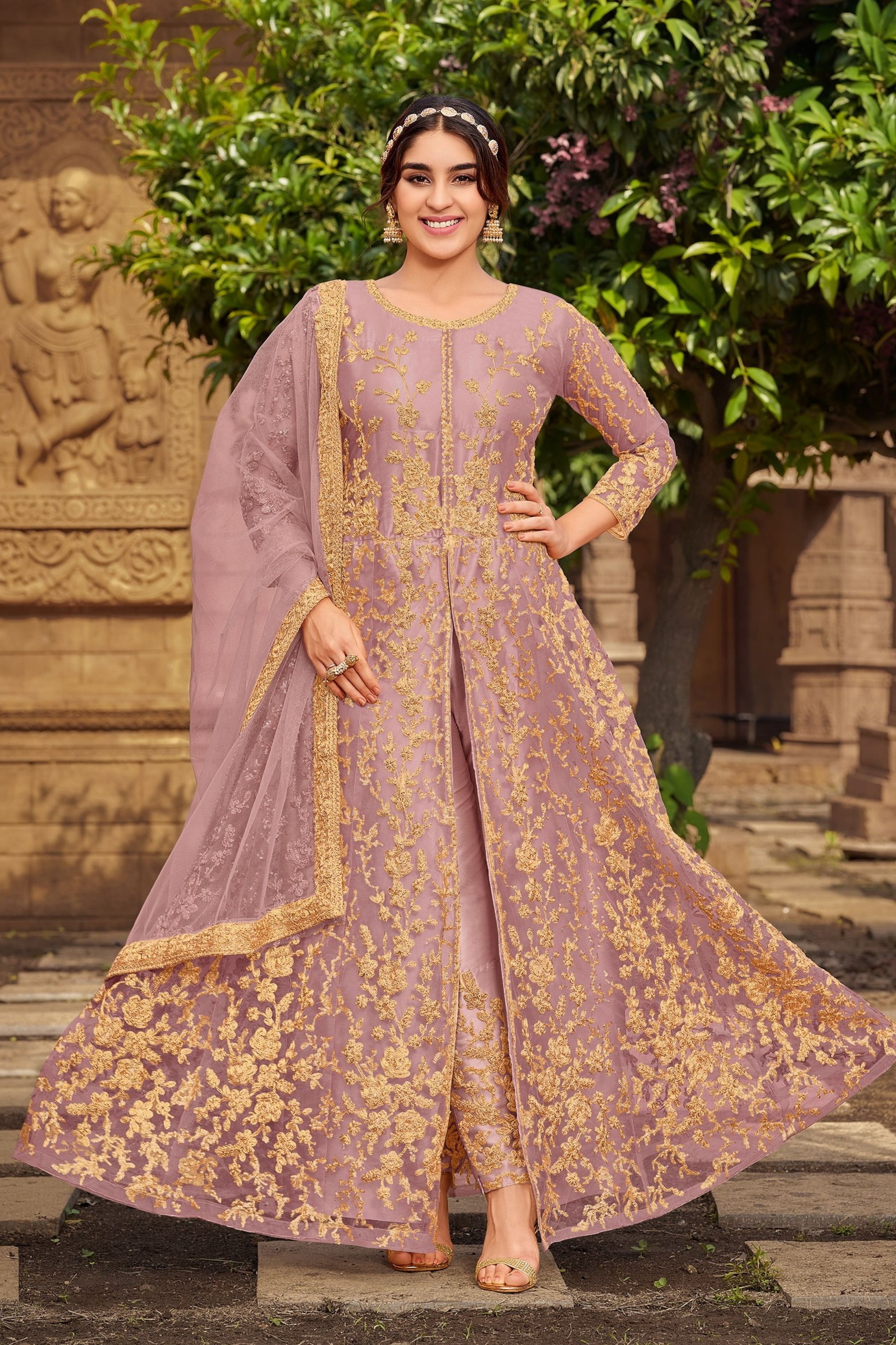 Brown Pakistani Net Anarkali Gown For Indian Festivals & Weddings - Thread Embroidery Work