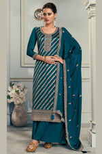 Teal Jacquard Silk Plazo Suit For Indian & Pakistani Wedding Festival - Embroidery Work