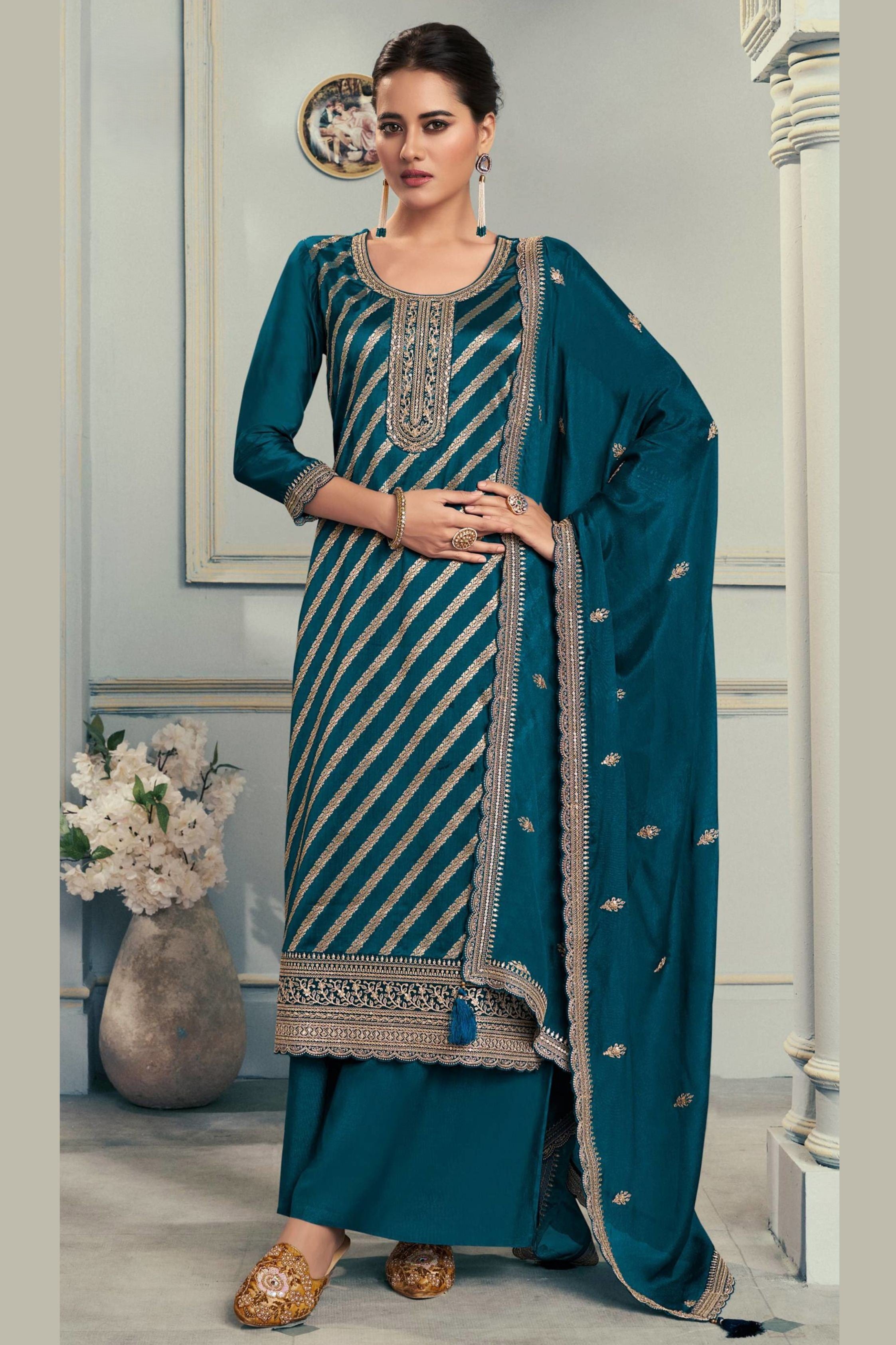 Teal Jacquard Silk Plazo Suit For Indian & Pakistani Wedding Festival - Embroidery Work