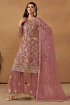 Pink Net Sharara Suit Dress For Indian Festivals & Weddings - Thread & Sequence Embroidery Work