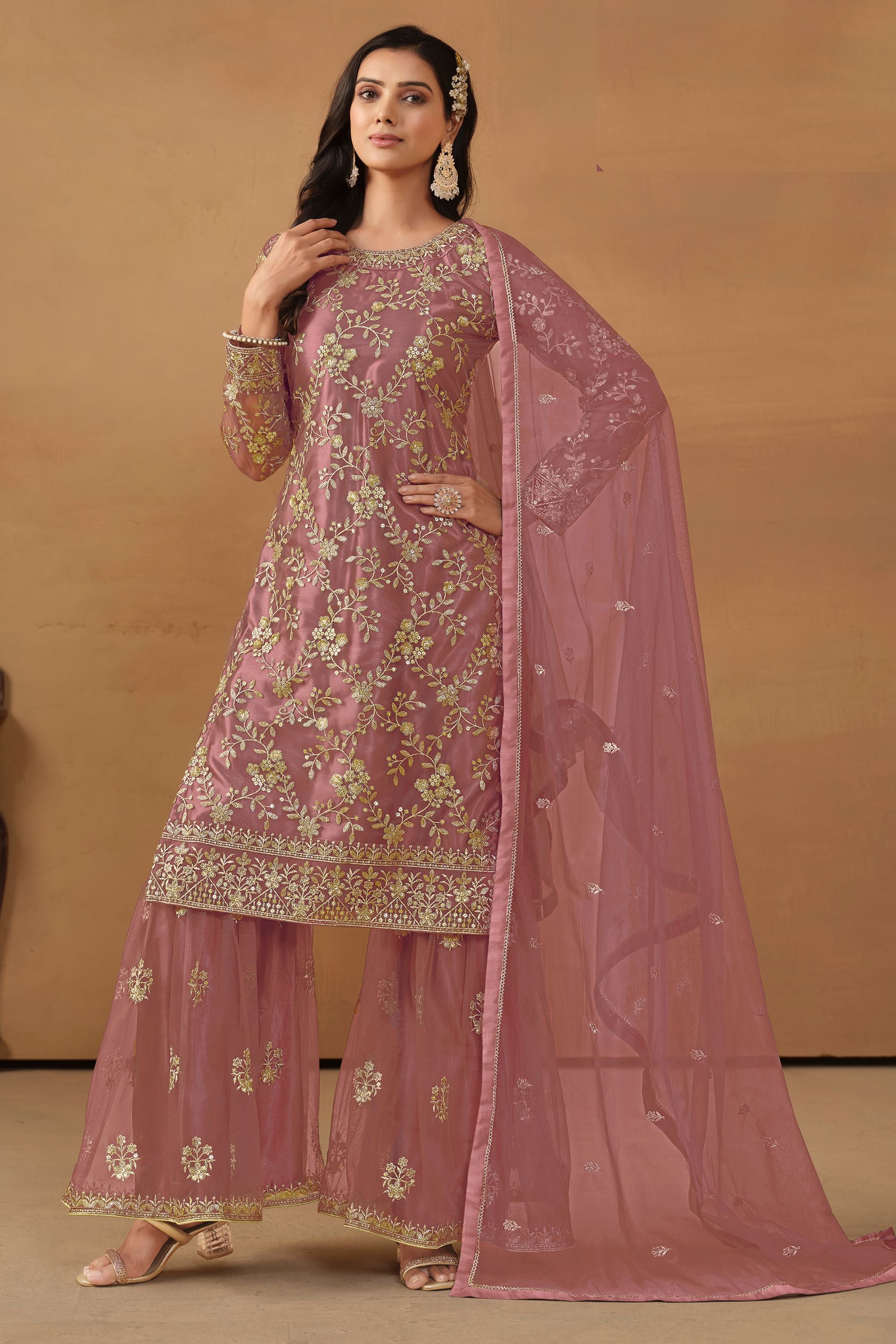 Pink Net Sharara Suit Dress For Indian Festivals & Weddings - Thread & Sequence Embroidery Work