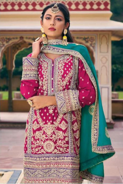 Pink Chinon Silk Salwar Kameez Suit For Indian Festivals & Weddings - Embroidery Work