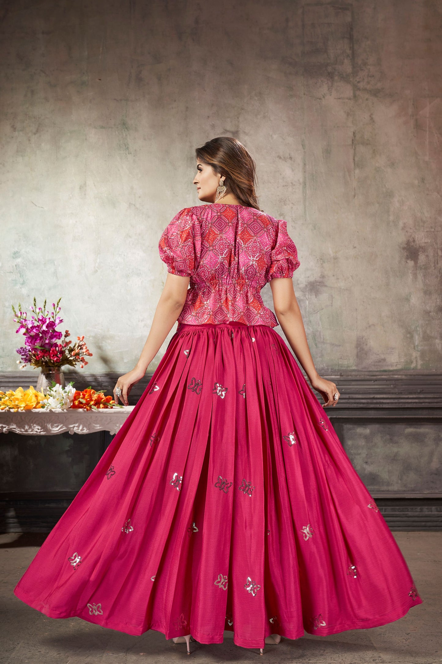Pink Pakistani Art Silk Lehenga Choli For Indian Festivals & Weddings - Print Work, Thread Embroidery Work,