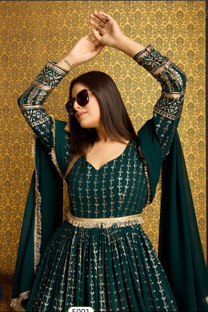 Green Georgette Anarkali Suit For Indian Festivals & Weddings - Metallic Foil Work