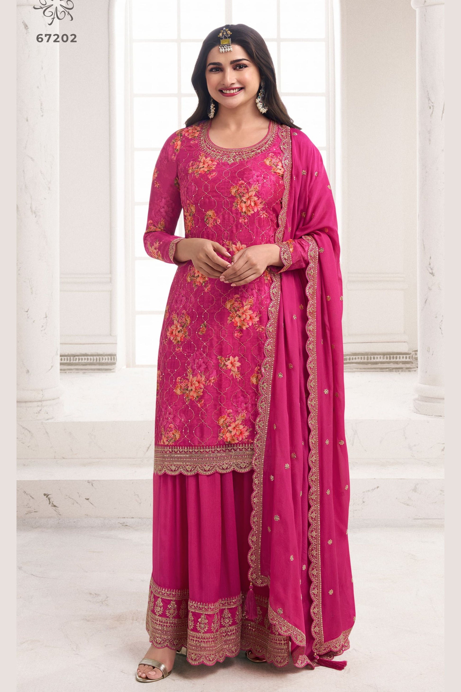 Pink Chinon Silk Floral Plazo Suit For Indian Festivals & Pakistani Weddings Dress - Embroidery Work, Print Work