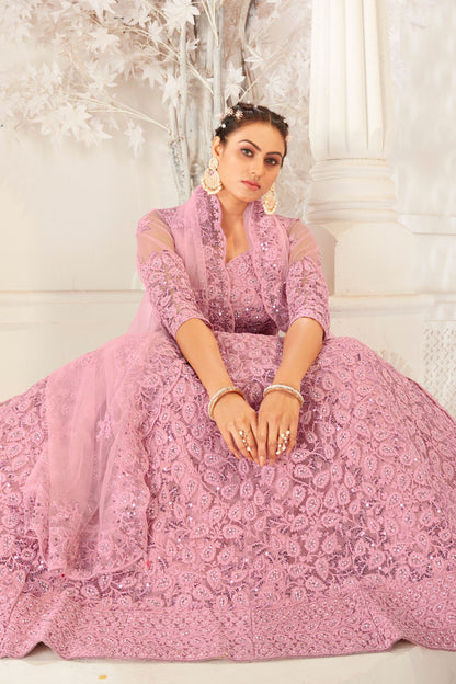 Pink Pakistani Net Lehenga Choli For Indian Festivals & Weddings - Sequence Embroidery Work, Zarkan Work