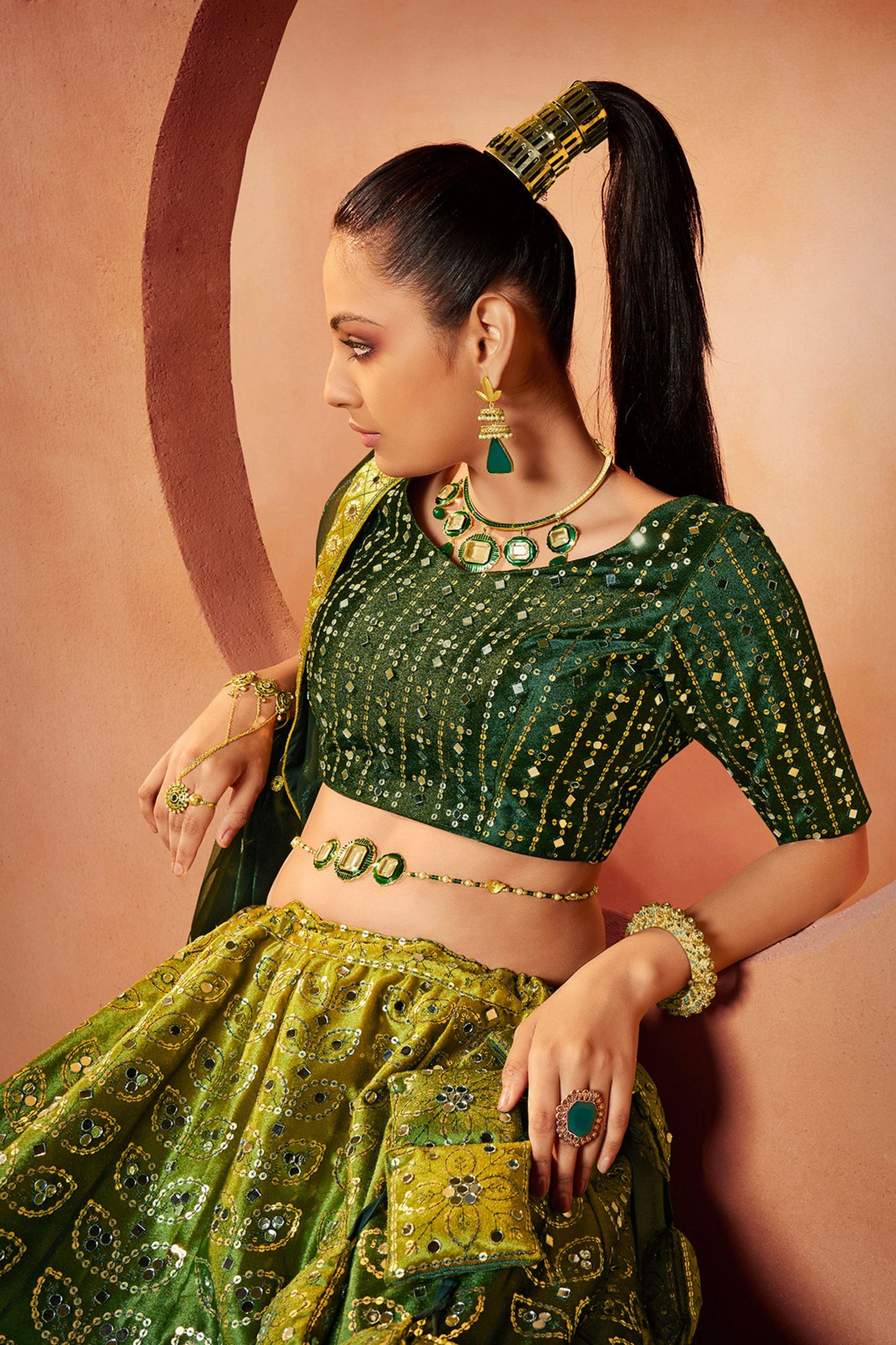 Green Printed Velvet Lehenga Choli For Indian Festivals & Weddings - Sequence Embroidery Work, Mirror Work