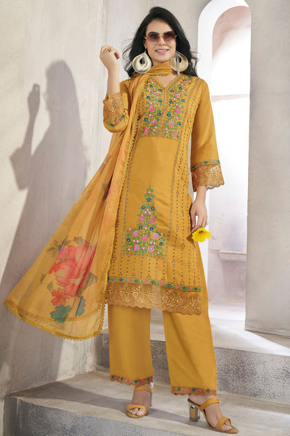 Mustard Viscose Silk Kameez with Pant Suit For Indian Festivals & Pakistani Weddings - Embroidery Work. Print Work