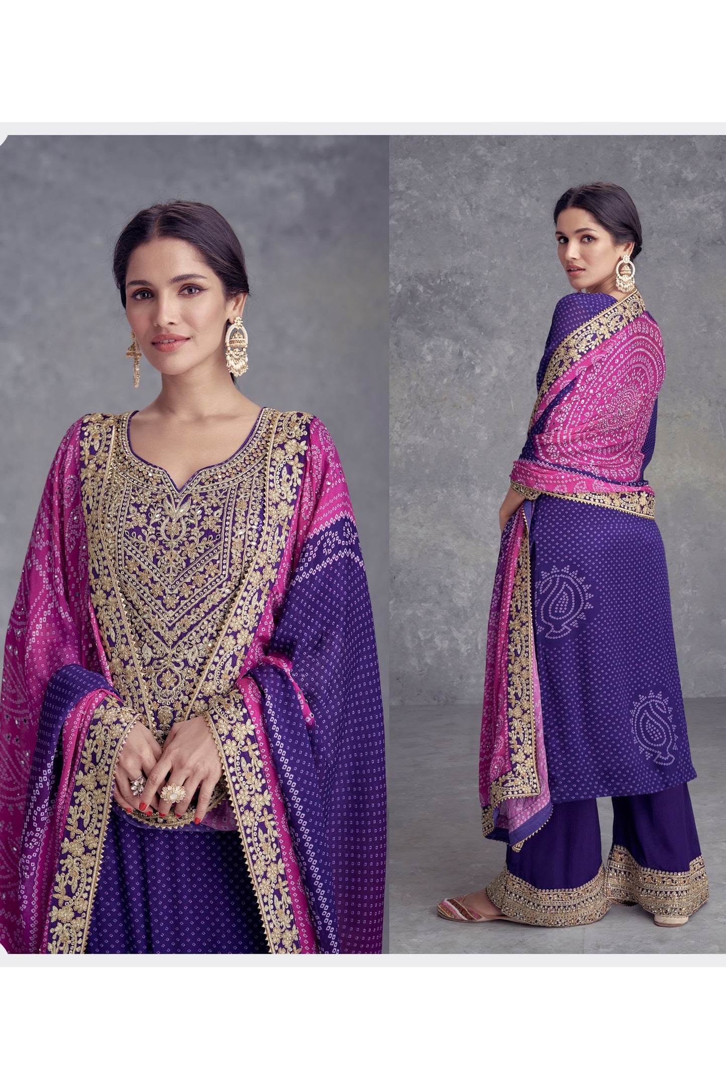 Blue Chinon Silk Palazzo Suit For Indian Festivals & Weddings - Embroidery Work, Mirror Work, Print Work