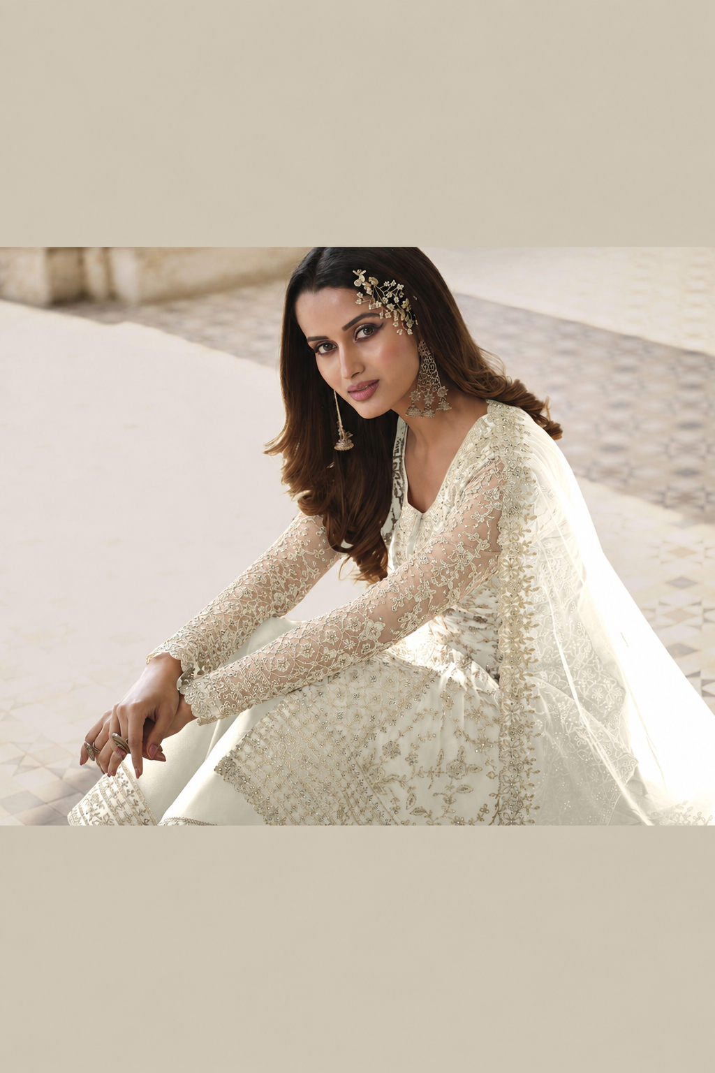 White Net Kameez Plazzo Suit For Indian Wedding & Pakistani Festival Dress - Embroidery Work