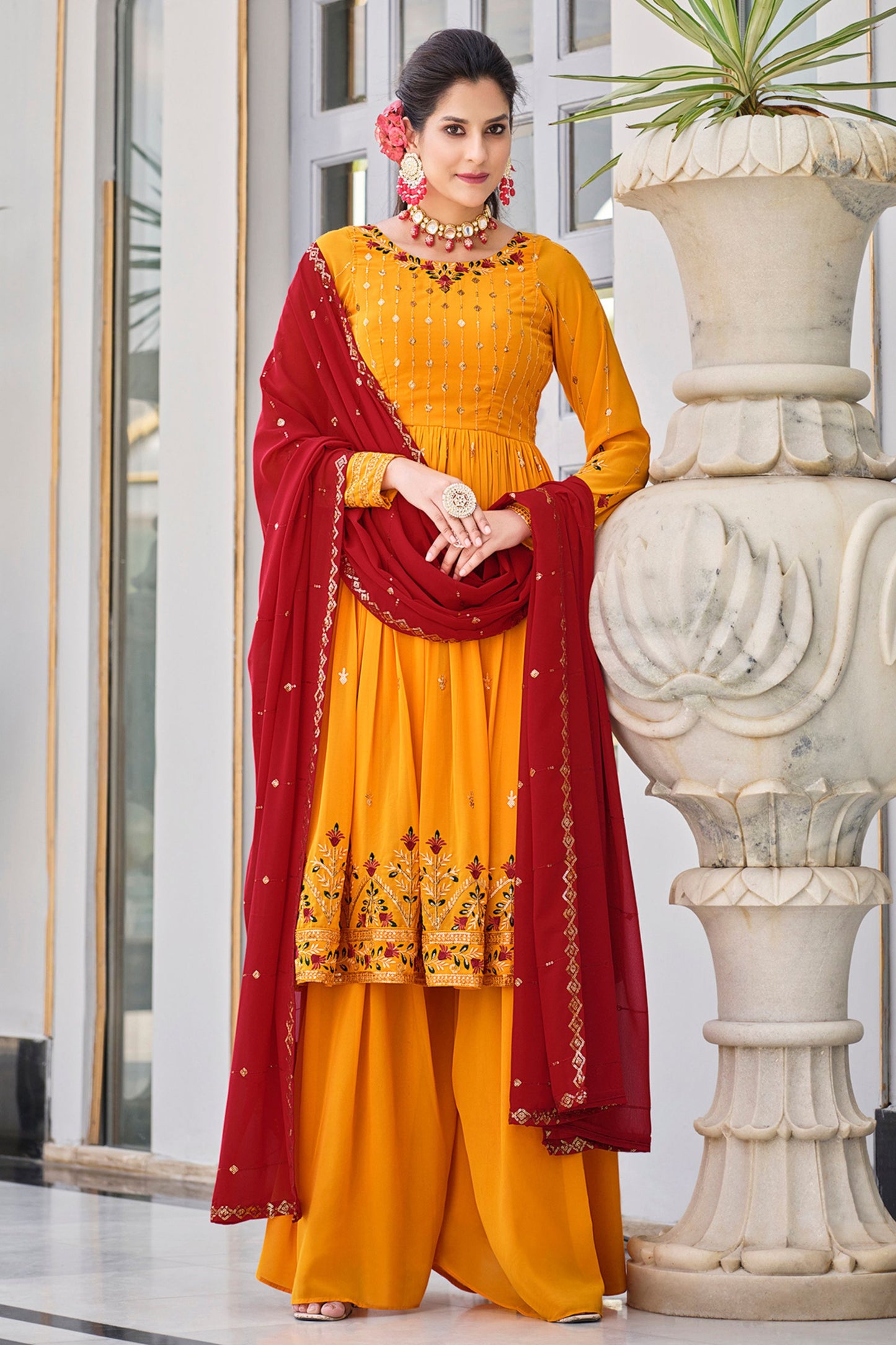 Mustard Pakistani Georgette Plazo For Indian Festivals & Weddings - Sequence Embroidery Work, Thread Embroidery Work,