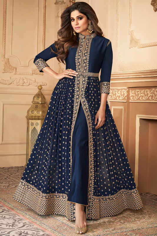 Navy Blue Georgette Anarkali Gown For Indian Festivals & Pakistani Weddings Dress - Sequence Embroidery Work, Stone work