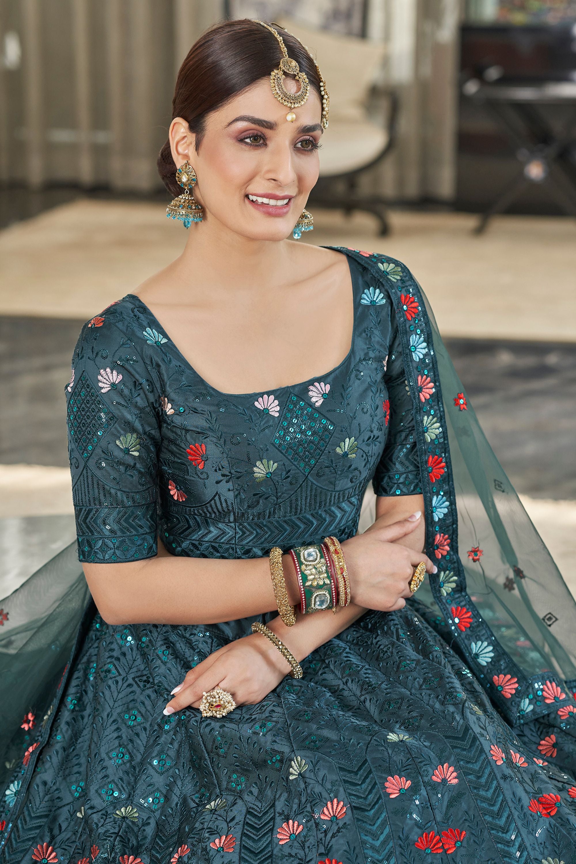 Teal Silk Lehenga Choli For Indian Weddings & Festivals - Thread Embroidery Work, Sequence Embroidery Work