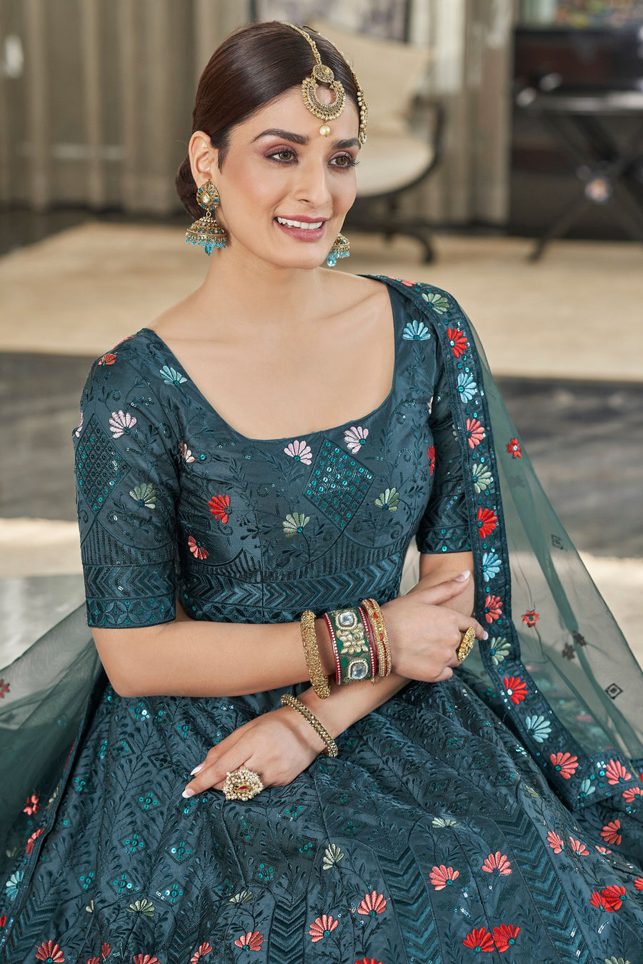 Teal Silk Lehenga Choli For Indian Weddings & Festivals - Thread Embroidery Work, Sequence Embroidery Work